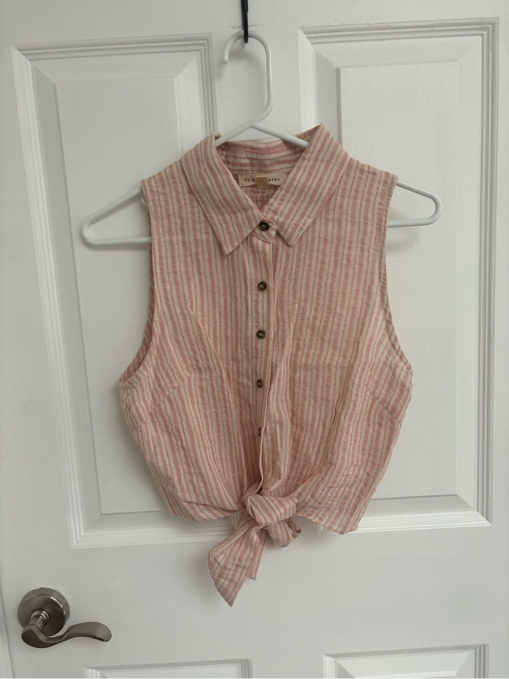 La Hearts Pink Striped Tie-Front Sleeveless Button Top